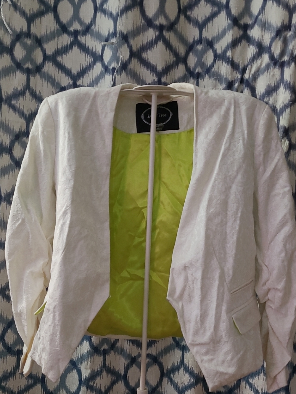 Love Tree White Open-Front Blazer with Lime Green Lining